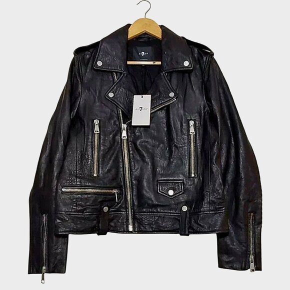 NWT 7 For All Mankind Asymmetrical Black Leather Moto Biker Jacket Edgy/Rocker L - Picture 2 of 11